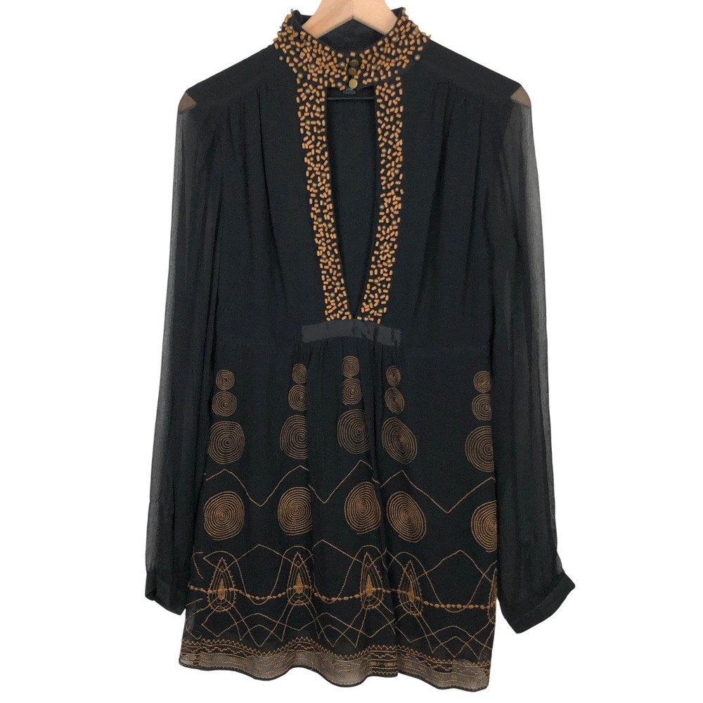 Sheri Bodell Black Silk Embroidered Wood Beaded Keyhole Tunic Dress Womens M